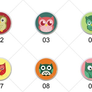 May include: Nine colorful round buttons with owl illustrations. Each button has a different color background and a different owl design. The buttons are numbered 1 through 9.