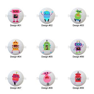 Robots by PinkPueblo Robot Images on 1.5" White Decorative Glossy CERAMIC Cabinet PULLS Dresser Drawer KNOBS