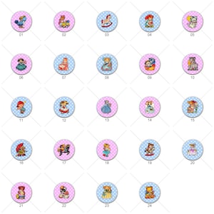 May include: Twenty-four illustrated images of children's toys and characters on a white background with blue and pink polka dots. The images are arranged in a grid of five rows and five columns. Each image is surrounded by a white circle with a blue or pink polka dot pattern.