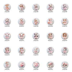 May include: A collection of decorative cabinet knobs with various animal ballerina designs. Each knob features a different animal, such as a bear, fox, or panda, wearing a pink tutu. The knobs are numbered from Design #01 to Design #25.