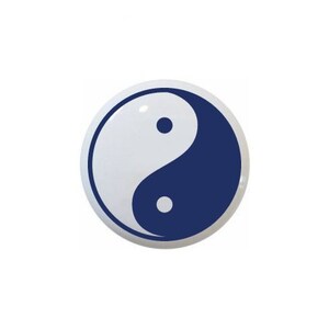 May include: A white and dark blue yin yang symbol on a round, white background.