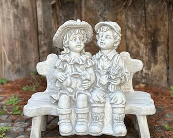 Kids Sitting on Bench Statue Garden Sculpture Boy and Girl with Bunny Figures Patio Stone Decoration Massive Children Figurine Memorial Gift
