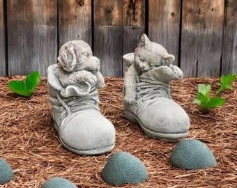Pair Of Animals Sculpture Concrete Cat In Boot Sleeping Puppy In Shoe Two Animals Figures Pet Lovers Stone Gift