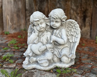 Two Angels Statue Garden Decor Outdoor Cherubs Sculpture Concrete Angels in Love Figure Cement Kids with Wings Statuary Religious Ornament