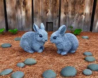 Pair Of Two Rabbits Figure Concrete Bunnies Statue Outdoor Garden Art Concrete Decoration Bunnies Couple Dark Grey Rabbits