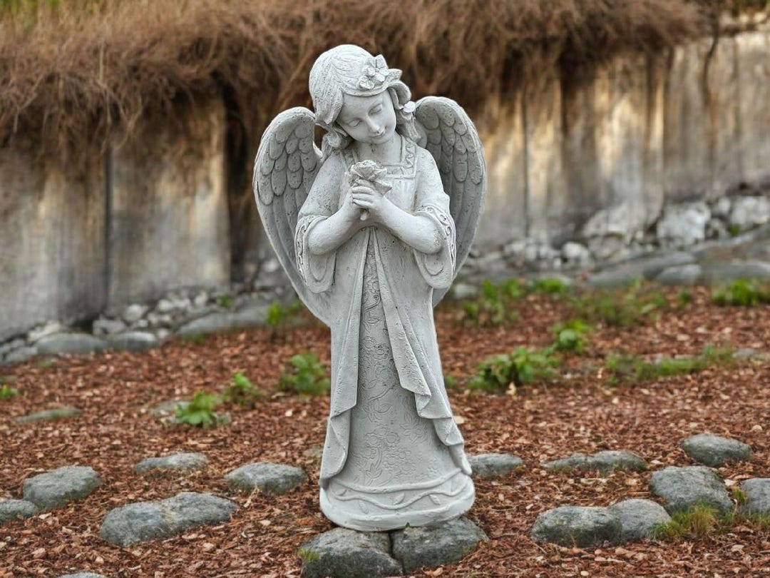 Angel Girl Holding Flower Statue Concrete Garden Decoration Stone Angel ...