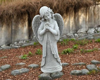 Angel Girl Holding Flower Statue Concrete Garden Decoration Stone Angel Statuary Religious Sculpture Standing Girl With Wings Christmas Gift