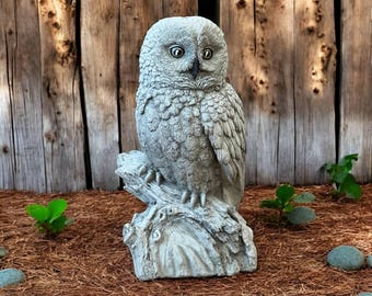 Barn Owl Stone Figure Dark Grey Bird Figurine Cement Bird Sitting On Log Outdoor Night Owl Statuary Porch Concrete Sculpture Yard Statue