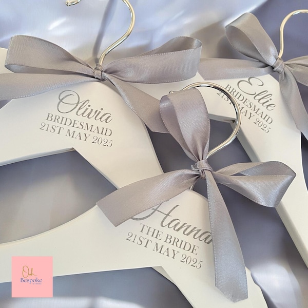 Personalised Bridal Hangers Engraved for Wedding Party - Wedding Day Hangers in White Wood with Trouser Bar, Free Ribbon Included