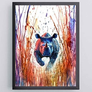 Sunset Rhino Art Download - Expressive Watercolor Animal Print - Wildlife Wall Decor - Vibrant Nature Poster - Instant Digital Art