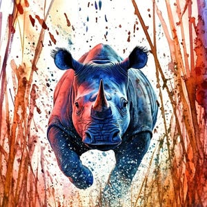 Sunset Rhino Art Download - Expressive Watercolor Animal Print - Wildlife Wall Decor - Vibrant Nature Poster - Instant Digital Art