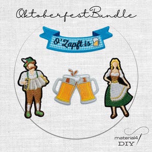 Könnte beinhalten: Ein Oktoberfest-Set aus vier gestickten Aufnähern, bestehend aus einem blauen Banner mit dem Text O'Zapft is, einer Person mit Akkordeon, zwei anstoßenden Bierkrügen und einer Person in einem Dirndl mit grünem Rock und weißer Schürze.