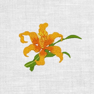 Könnte beinhalten: Gestickte orangefarbene Lilienblume mit grünen Blättern auf weißem Hintergrund. Die Blume hat detaillierte Stiche, die ihre Blütenblätter und ihr Zentrum zeigen. Die Blätter sind ein leuchtendes Grün und setzen einen Kontrast.