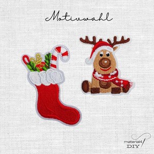Xmas Rentier Weihnachtsstrumpf  l Patches | weihnachtlich gestickte Aufnäher Motivwahl Nikolausstiefel