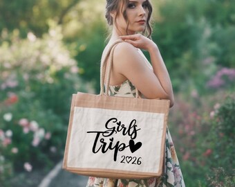 Custom Girls Trip Jute Bag, Personalized Vacation Bag