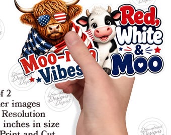 Patriotic Cow PNG Stickers | 4th of July Printable Bundle | Red White & Moo | USA Cow Clipart | Cricut Print and Cut