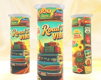 Immagine PNG per rivestimento di un bicchiere estivo | Design a sublimazione skinny da 20 oz | Avventure su percorso retrò | Viaggio in auto vintage | Rivestimento dritto ad alta risoluzione