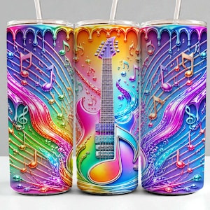 Könnte beinhalten: Drei zylindrische Becher mit einem lebendigen Regenbogen-Farbverlauf, einer zentralen E-Gitarren-Grafik, fließenden Farbverlaufseffekten und verstreuten Musiknoten. Jeder Becher enthält einen transparenten Strohhalm und einen metallischen Rand.