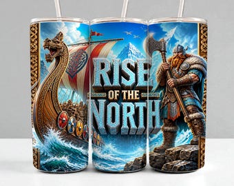 Viking Tumbler Wrap PNG | 20oz Skinny Sublimation Design | Rise of the North | Norse Warrior & Longship | High‑Res Straight Wrap