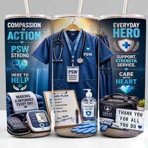 May include: A cylindrical tumbler featuring a navy blue scrub top with a stethoscope, a PSW ID badge, and medical supplies. Text includes COMPASSION IN ACTION, EVERYDAY HERO, SUPPORT, STRENGTH, SERVICE, CARE WITH HEART, and PSW PERSONAL SUPPORT WORKER.