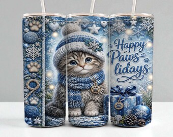 Kerstkattenbekerhoesje PNG | 20oz Slanke sublimatieprint | Happy Paws-lidays Kitten | Rechte hoes in hoge resolutie