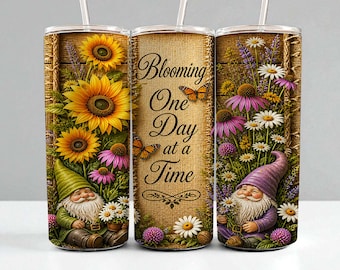 Garden Gnomes Tumbler Wrap PNG, Floral Gnomes Sublimation Design, 20oz Skinny Tumbler Wrap, Rustic Burlap Flowers Digital Download