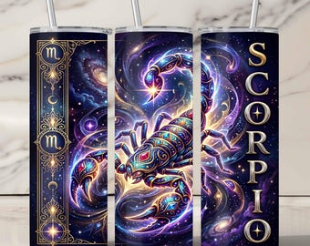 Immagine PNG del simbolo zodiacale dello scorpione, design per sublimazione su bicchiere sottile da 20 oz con scorpione celeste, download digitale astrologico viola e oro mistico.