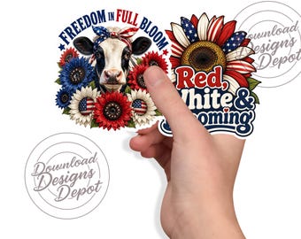 Patriotic Floral Stickers PNG | 2‑Piece 4th of July Bundle | High‑Res Print and Cut | Freedom in Full Bloom | Red White & Blooming