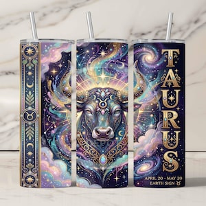 Taurus Zodiac 20oz Tumbler Wrap PNG, Celestial Bull Sublimation Design, Floral Galaxy Astrology Skin, Mystic Earth Sign, Digital Download