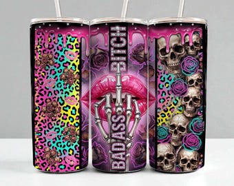 Sublimazione PNG per bicchiere termico Bad Ass Bitch • Rivestimento con stampa leopardata Glam Skull • Design Neon Drip Attitude • Rivestimento per bicchiere termico Skinny da 20 oz