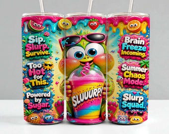 Summer Kids tumbler Wrap • Funny Slurp Quotes PNG • 20oz Skinny Sublimation Design • Bright Cartoon Summer Fuel, Instant Digital Download