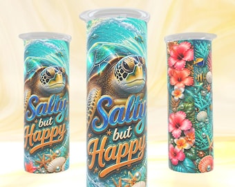 Adesivo per bicchiere termico con tartaruga marina PNG | Design a sublimazione slim da 20 oz | Salato ma felice | Illustrazione di tartaruga con onde oceaniche tropicali | Adesivo dritto ad alta risoluzione