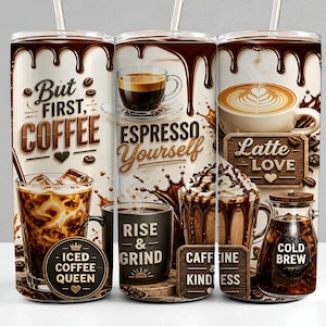 Coffee Tumbler Wrap Sublimation PNG | 20oz Skinny Coffee Drinks Design | But First Coffee | Espresso Latte Iced Coffee Digital Download