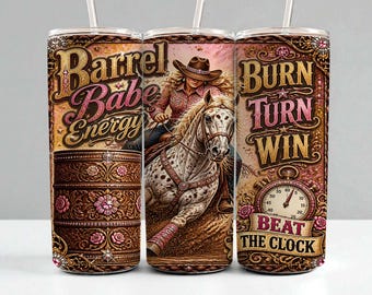 Rivestimento per bicchiere da corsa a barile • Turn Burn Win • Rodeo Cowgirl 20oz Skinny PNG • Barrel Babe Energy • Design Western a sublimazione