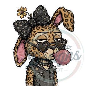 Könnte beinhalten: Digitale Illustration eines leopardengefleckten Kaninchens mit herzförmiger Sonnenbrille, das eine Kaugummiblase bläst. Das Kaninchen trägt eine mit Nieten besetzte Schleife, einen Stachelhalsband und einen Kapuzenpullover mit dem Wort "NOPE". Eine gelbe Blume befindet sich hinter der Schleife.