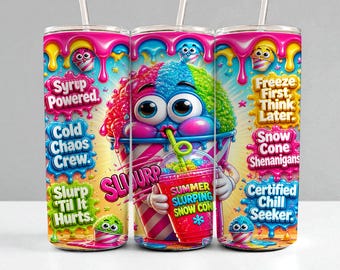 Bright Cartoon Shaved Ice Tumbler Wrap 20oz Skinny Sublimation Design PNG, Neon Slushie Snow Cone Digital Download Cute Summer Cup Wrap File