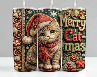 Kerstkattenbekerhoesje PNG | 20oz Slanke sublimatieprint | Vrolijke kattenkat | Rechte hoes in hoge resolutie