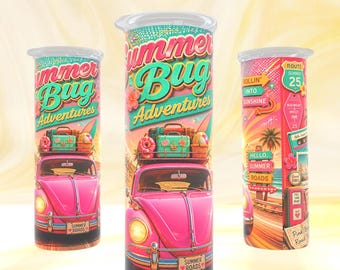 Adesivo per bicchiere estivo PNG | Sublimazione Skinny da 20 oz | Viaggio in auto con insetto rosa retrò | Avventure estive con insetto | Adesivo dritto ad alta risoluzione