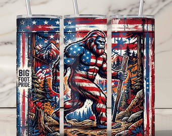 Bigfoot Pride Tumbler Wrap PNG, American Flag Sasquatch Forest Sublimation Design