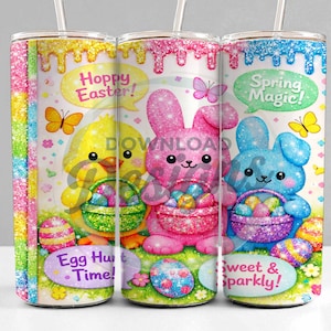 May include: A glittery Easter-themed tumbler featuring a yellow chick, a pink bunny, and a blue bunny, each holding a basket of colorful eggs. The tumbler has the phrases "Hoppy Easter!", "Egg Hunt Time!", and "Sweet & Sparkly!"