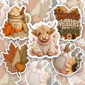 Fall Junk Journal Sticker Bundle | Autumn Scrapbooking PNG Pack | Pumpkin Spice, Highland Cow, Sweater Weather Ephemera