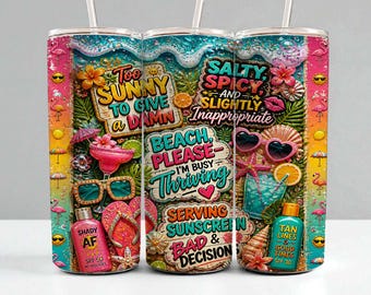Adesivo per bicchiere con citazione sulla spiaggia | Design digitale per sublimazione | Divertente immagine PNG a tema spiaggia estiva | Adesivo per bicchiere con vivaci motivi tropicali