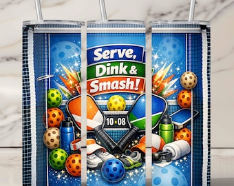 Pickleball 20oz Tumbler Wrap - Serve Dink Smash Seamless Sublimation Design - Sporty Blue & Orange Cup Wrap - Digital Download