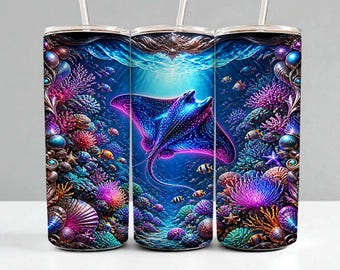 Stingray Tumbler Wrap Sublimation PNG • Ocean Sea Life Stingray Design • 20oz Skinny Tumbler Digital Download • Vibrant Underwater Art