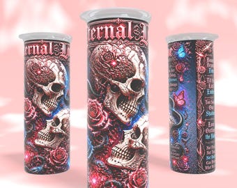 Eternal Love Tumbler Wrap PNG | 20oz Skinny Sublimation Design | Gothic Romantic Skulls & Roses | High‑Res Straight Wrap