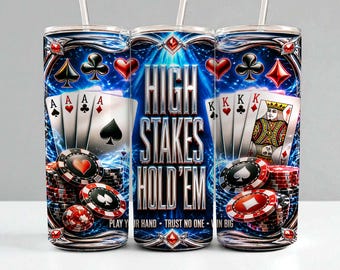 Pokerbeker met sublimatieprint, ontwerp voor High Stakes Hold'em, PNG-kaarten, fiches, 20oz Skinny Casino, digitale download.