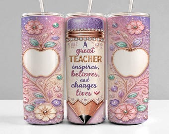 Teacher Tumbler Wrap PNG, Teacher Appreciation Sublimation, Apple Pencil Quote, 20oz Skinny Wrap Digital Download Personalized Name & Year