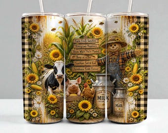 Farm Tumbler Sublimation Design PNG • Rustic Country Animals 20oz Wrap • Sunflower Barn Farmhouse Printable • Sublimation Tumbler PNG