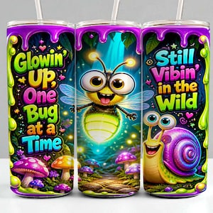 Glow Bug Sublimation Tumbler Design PNG, 20oz Skinny Tumbler Wrap, Firefly Snail Digital Download, Whimsical Forest Straight Tumbler Graphic