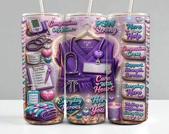 PSW Healthcare Worker Tumbler Wrap | Compassion Crew 20oz Skinny Sublimation PNG | Medical Scrubs Design